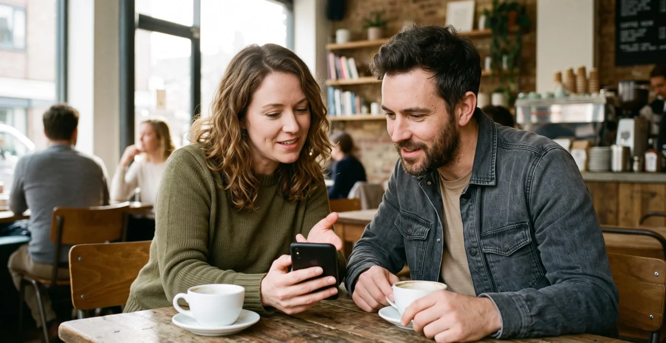 Deux personnes discutent dans un café, l'une partageant des informations bancaires sur son smartphone avec l'autre